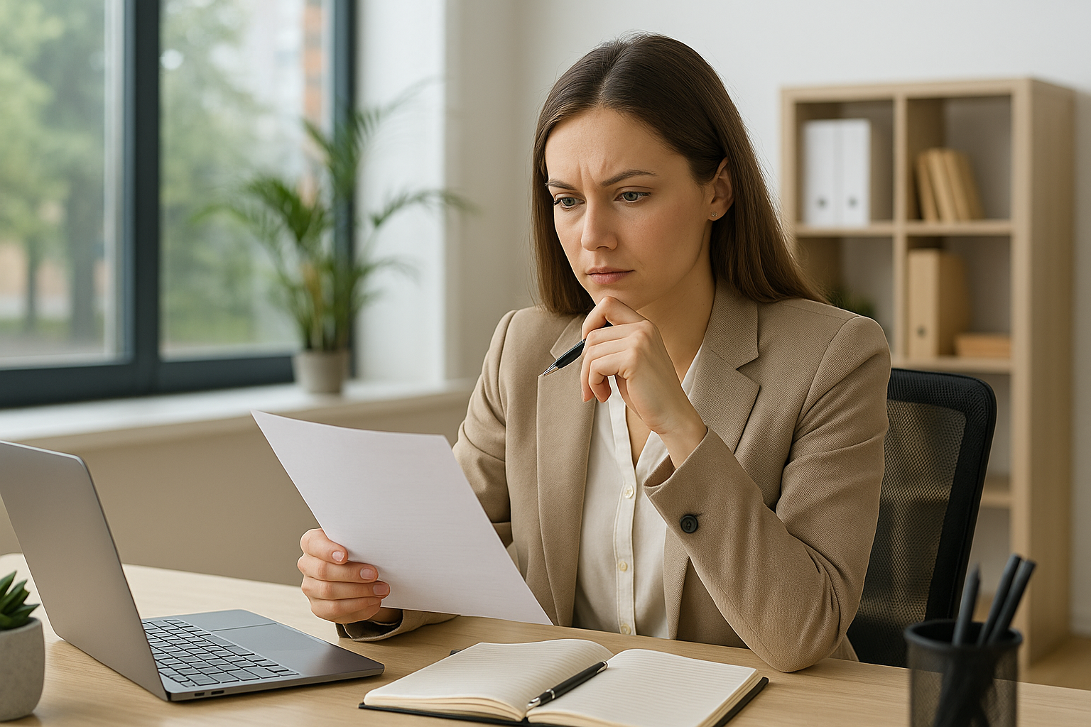 Woman in a beige blazer working at a desk in a modern office, reviewing documents in a bright, organized setting.
